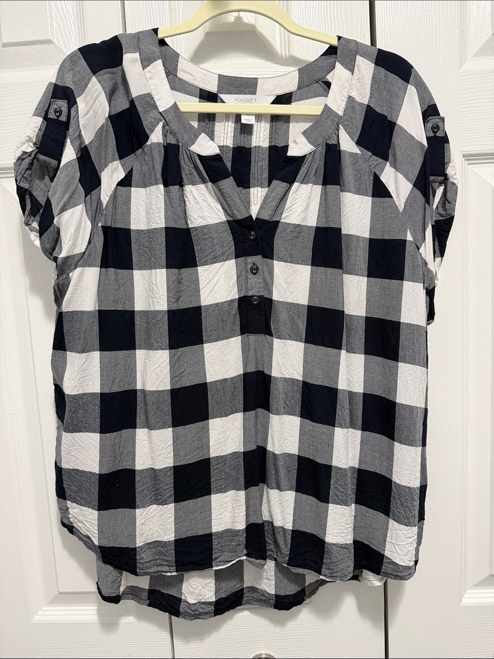 Market & Spruce Black and White Buffalo Plaid Button-Front Blouse
